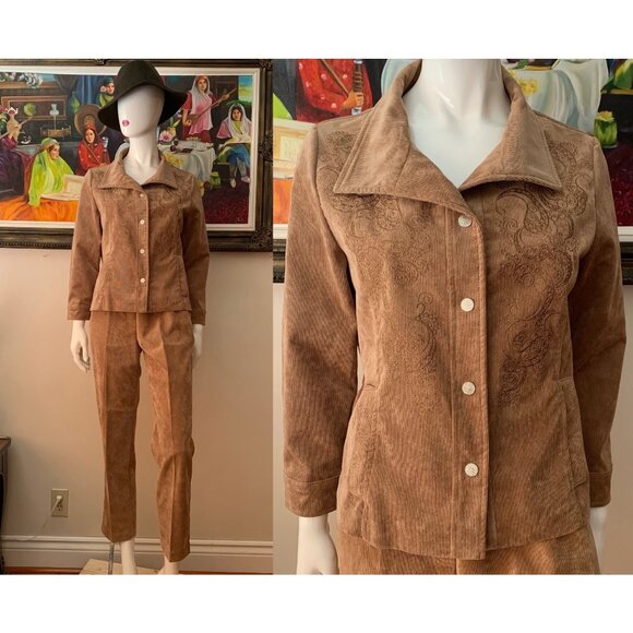 Alia Petite Women’s Vintage Embroidered Corduroy Blazer Jacket and Pantsuit - Picture 1 of 15